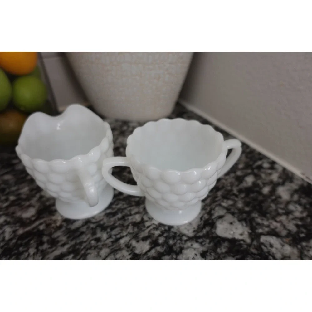 Vintage bubble white‎ milk glass creamer and sugar set